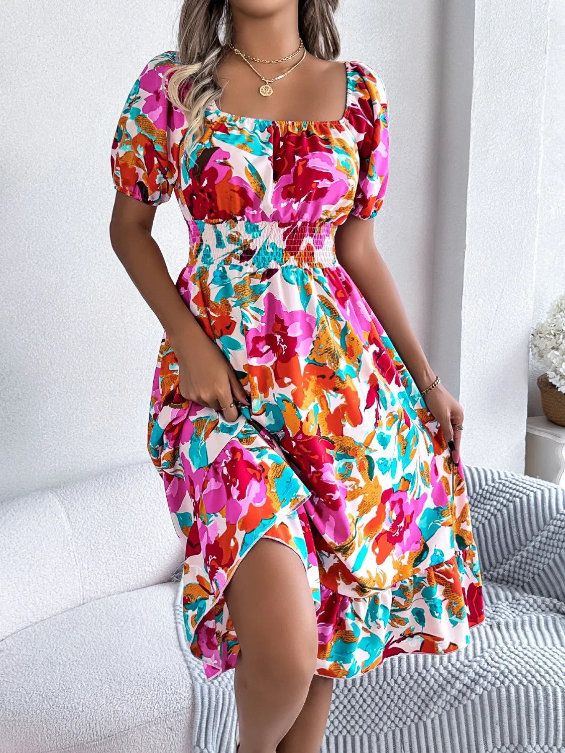Ruffled Hem Smocked Floral Short Sleeve Midi Dress Nord&Pearl Ruffled Hem Smocked Floral Short Sleeve Midi Dress Nord&Pearl